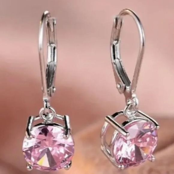 Sterling 925 Silver Plated, Pink Zircon Round Dangle Earrings - Hypoallergenic - Picture 1 of 4